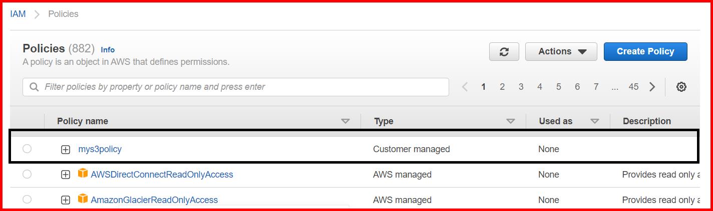 Picture showing the policy created in AWS console